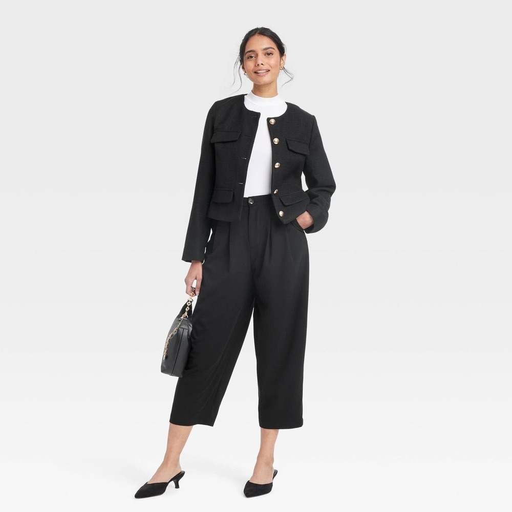 A new day Black Tweed Cropped Blazer Jacket Gold Button‎ Career Business Chic S